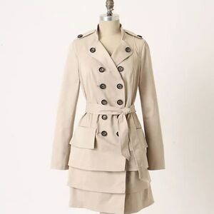 Anthropologie Beige Double-Breasted Layered Trench Coat